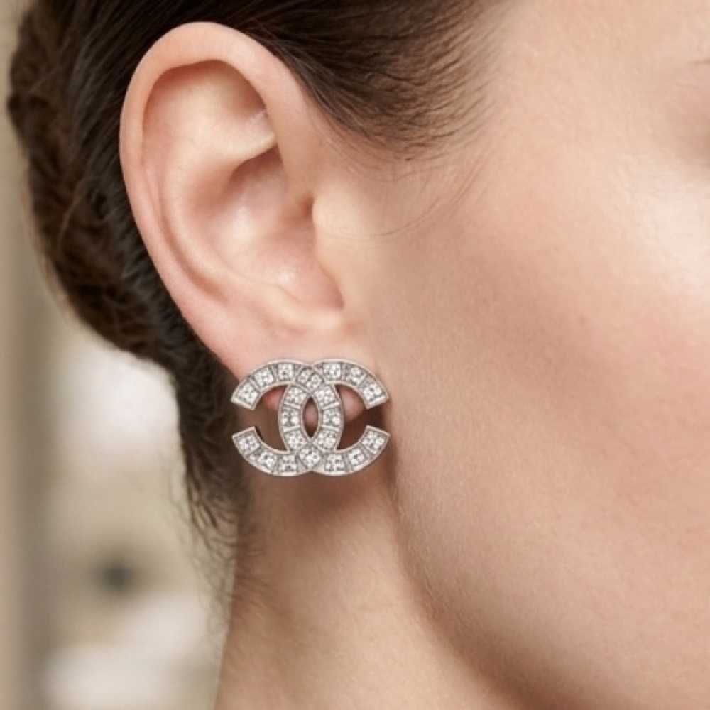 CHANEL Silver Crystal CC Logo Earrings